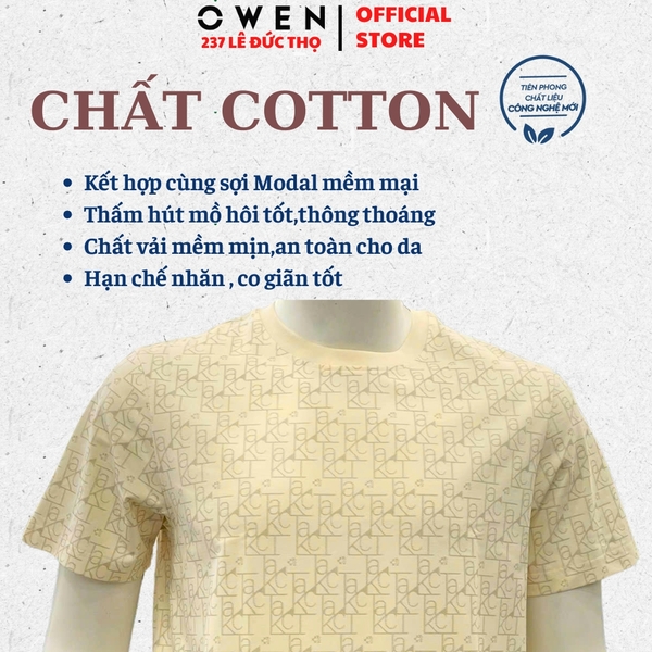 Áo thun nam Tay Ngắn Không Cổ Owen TSN260135 màu be dáng suông relax fit cổ tròn chất liệu cotton spandex