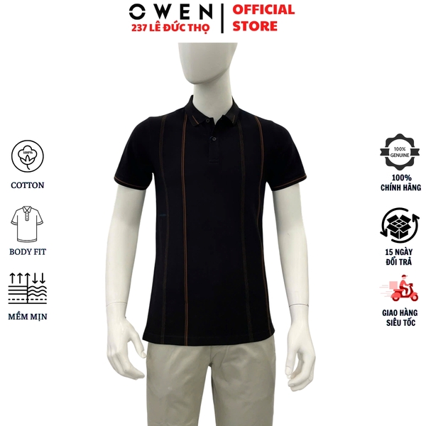 Áo thun polo Nam Tay Ngắn Có Cổ Owen APV262027 màu đen dáng body fit tà bằng xẻ tà chất liệu cotton polyester spandex