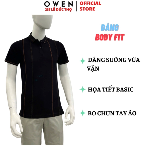 Áo thun polo Nam Tay Ngắn Có Cổ Owen APV262027 màu đen dáng body fit tà bằng xẻ tà chất liệu cotton polyester spandex