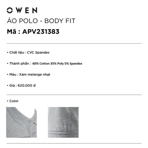 Áo Thun polo Nam Tay Ngắn Có Cổ Owen APV231383  màu xám melange nhạt dáng body fit vải cotton