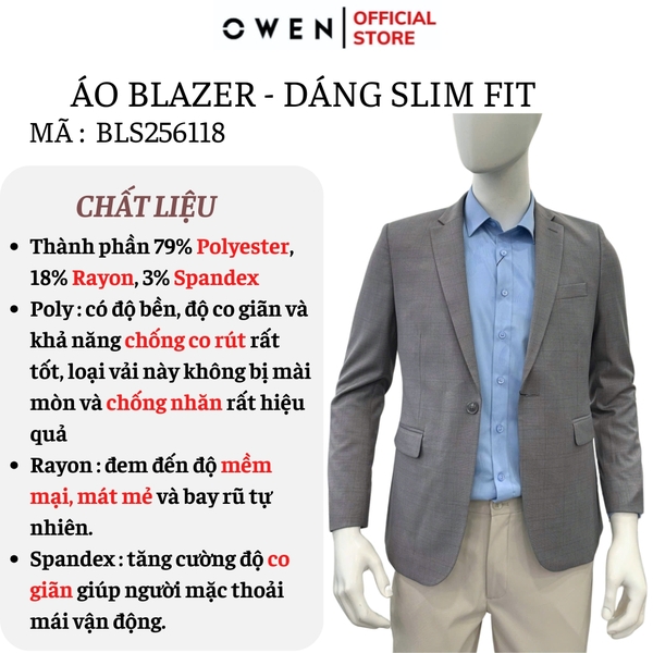 Áo Demi - Blazer Owen BLS256118 màu xám đậm dáng slim fit 1 cúc tà xẻ sau chất vải polyester