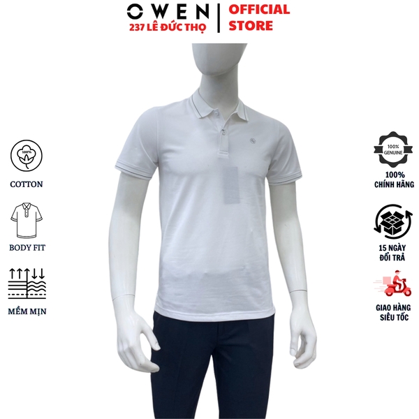 Áo thun polo Nam Tay Ngắn Có Cổ Owen APV262010 màu trắng dáng body fit tà bằng xẻ tà chất liệu cotton polyester spandex