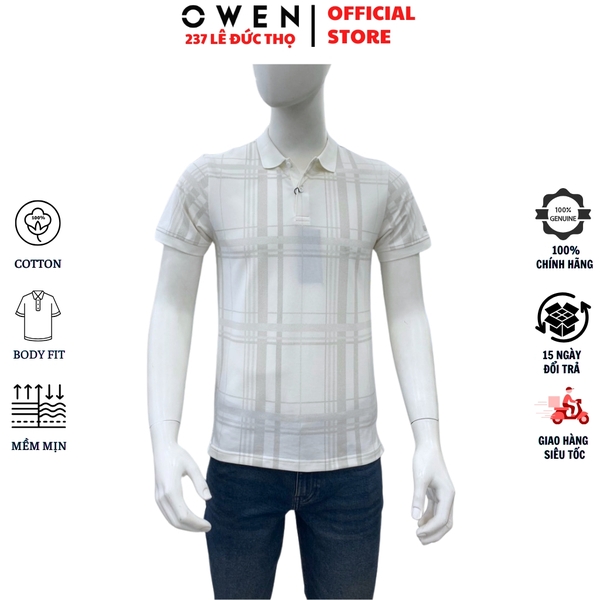 Áo thun polo Nam Tay Ngắn Có Cổ Owen APV262014 màu trắng dáng body fit tà bằng xẻ tà chất liệu cotton polyester spandex