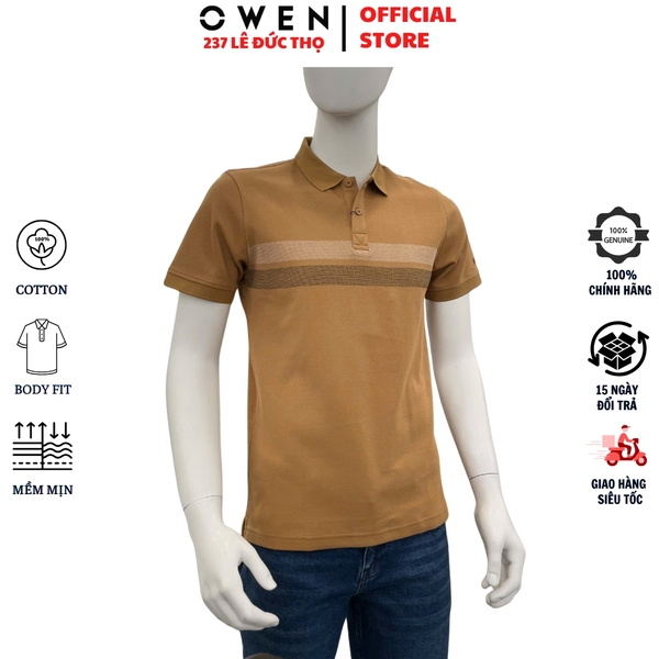 Áo thun polo Nam Tay Ngắn Có Cổ Owen APV262021 màu nâu dáng body fit tà bằng xẻ tà chất liệu cotton polyester spandex