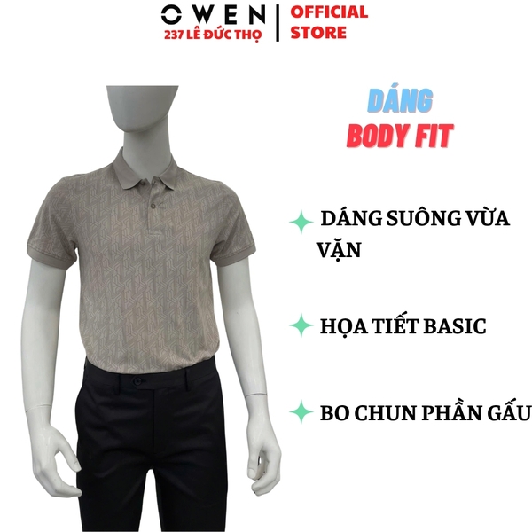Áo Thun polo Nam Tay Ngắn Có Cổ Owen APV262040 màu xám họa tiết dáng suông body fit xẻ tà chất liêu cotton spandex
