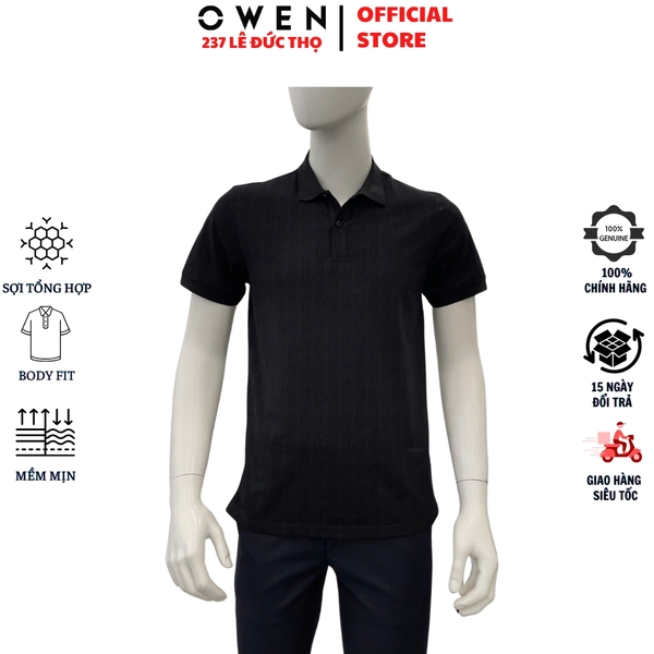 Áo Thun polo Nam Tay Ngắn Có Cổ Owen APV262041 màu đen họa tiết dáng suông body fit xẻ tà chất liêệu cotton polyester spandex