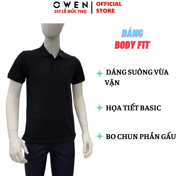 Áo Thun polo Nam Tay Ngắn Có Cổ Owen APV262041 màu đen họa tiết dáng suông body fit xẻ tà chất liêệu cotton polyester spandex