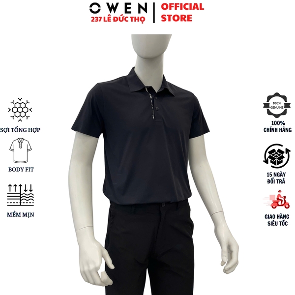 Áo Thun polo Nam Tay Ngắn Có Cổ Owen APV262063 màu đen dáng suông body fit xẻ tà chất liệu polyester