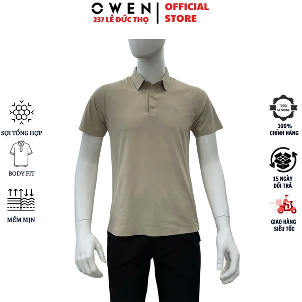 Áo Thun polo Nam Tay Ngắn Có Cổ Owen APV262064 màu be đậm dáng suông body fit xẻ tà chất liệu polyester