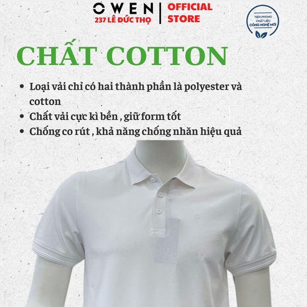 Áo Thun polo Nam Tay Ngắn Có Cổ Owen APV262096 màu trắng trơn dáng suông body fit xẻ tà chất liêu cotton spandex