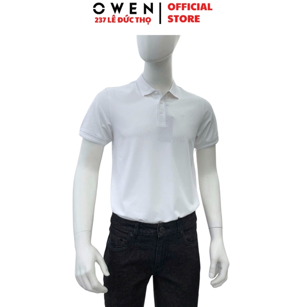 Áo Thun polo Nam Tay Ngắn Có Cổ Owen APV262096 màu trắng trơn dáng suông body fit xẻ tà chất liêu cotton spandex