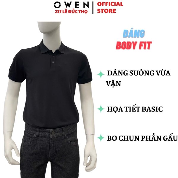 Áo Thun polo Nam Tay Ngắn Có Cổ Owen APV262097 màu đen trơn dáng suông body fit xẻ tà chất liêu cotton spandex