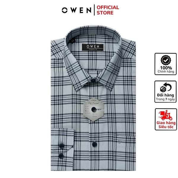 Áo Sơ Mi Nam Tay Dài Owen AR220868DT Kẻ caro xanh navy trắng Dáng Regular Fit Tà Lượn Có Túi Vải café
