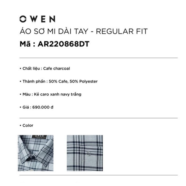 Áo Sơ Mi Nam Tay Dài Owen AR220868DT Kẻ caro xanh navy trắng Dáng Regular Fit Tà Lượn Có Túi Vải café