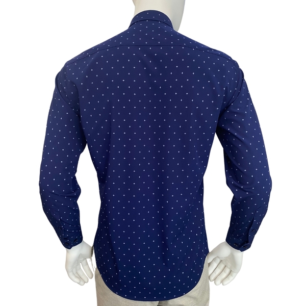 Áo Sơ Mi Nam Tay Dài Owen AR230291DT màu navy in xanh dáng regular fit tà lượn có túi vải bamboo