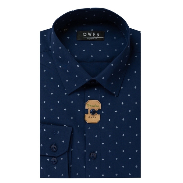 Áo Sơ Mi Nam Tay Dài Owen AR230291DT màu navy in xanh dáng regular fit tà lượn có túi vải bamboo