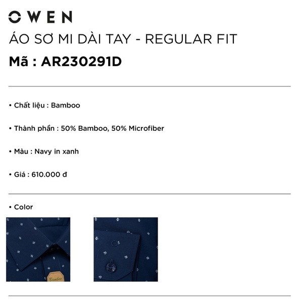 Áo Sơ Mi Nam Tay Dài Owen AR230291DT màu navy in xanh dáng regular fit tà lượn có túi vải bamboo