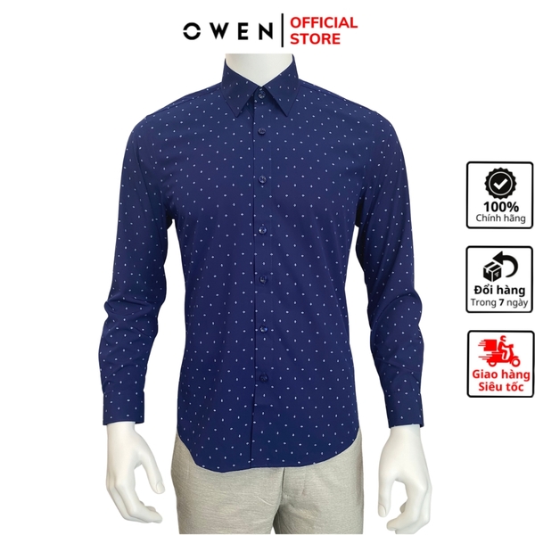 Áo Sơ Mi Nam Tay Dài Owen AR230291DT màu navy in xanh dáng regular fit tà lượn có túi vải bamboo