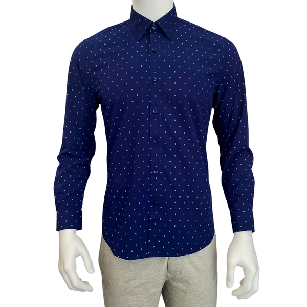 Áo Sơ Mi Nam Tay Dài Owen AR230291DT màu navy in xanh dáng regular fit tà lượn có túi vải bamboo