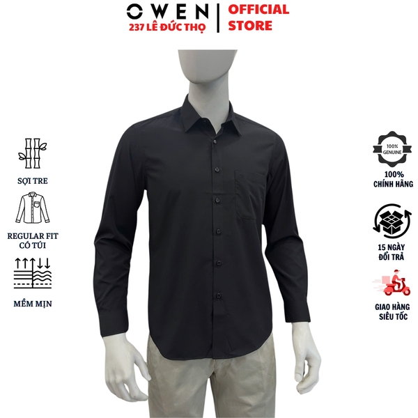 Áo sơ mi nam tay dài Owen AR230342DT màu đen dáng suông regular fit tà lượn có túi chất liệu Bamboo polyester