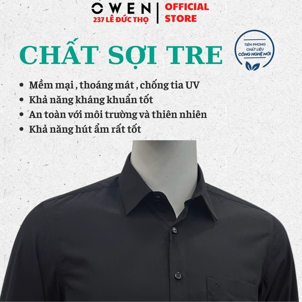 Áo sơ mi nam tay dài Owen AR230342DT màu đen dáng suông regular fit tà lượn có túi chất liệu Bamboo polyester
