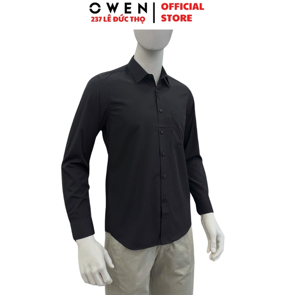 Áo sơ mi nam tay dài Owen AR230342DT màu đen dáng suông regular fit tà lượn có túi chất liệu Bamboo polyester