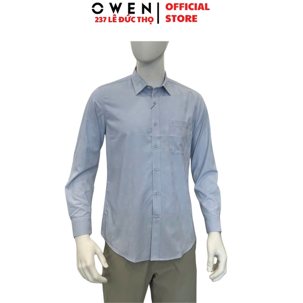 Áo sơ mi nam tay dài Owen AR260018DT màu xanh nhạt dán suông regular fit tà lượ có túi chất liệu Bamboo polyester
