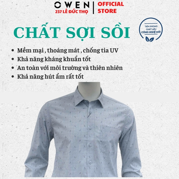 Áo sơ mi nam tay dài Owen AR260026DT màu xanh dáng suông regular fit tà lượn có túi chất liệu modal polyester spandex