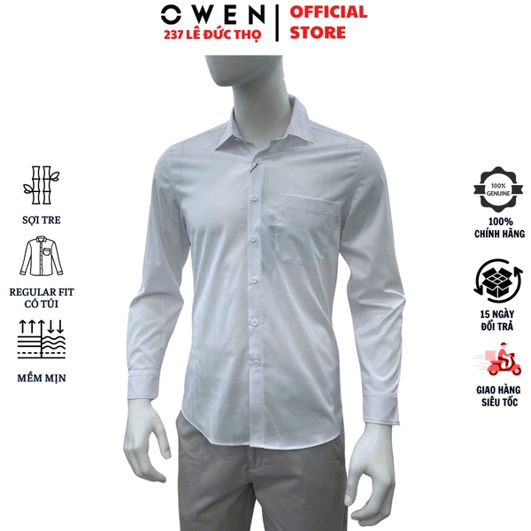 Áo sơ mi nam tay dài Owen AR260033DT màu trắng dán suông regular fit tà lượ có túi chất liệu modal polyester spandex