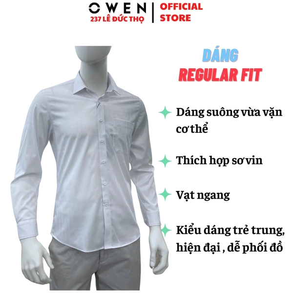 Áo sơ mi nam tay dài Owen AR260033DT màu trắng dán suông regular fit tà lượ có túi chất liệu modal polyester spandex