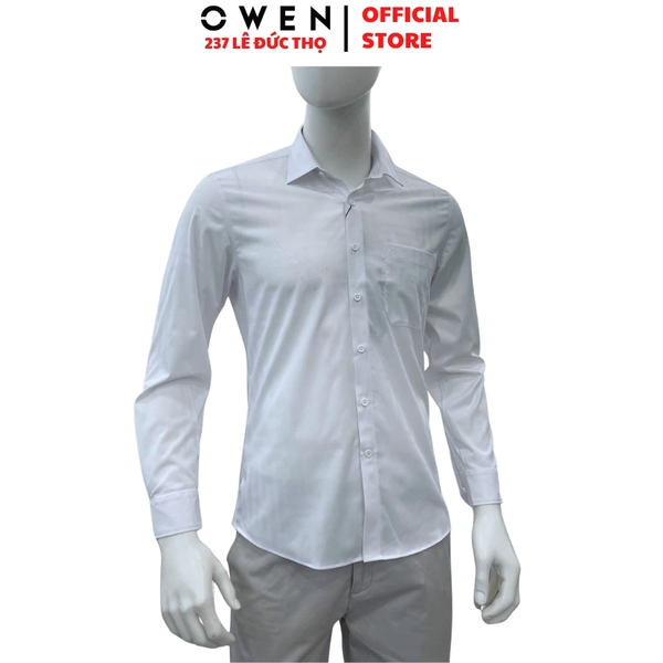 Áo sơ mi nam tay dài Owen AR260033DT màu trắng dán suông regular fit tà lượ có túi chất liệu modal polyester spandex