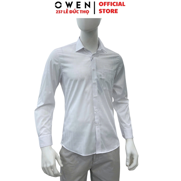 Áo sơ mi nam tay dài Owen AR260033DT màu trắng dán suông regular fit tà lượ có túi chất liệu modal polyester spandex