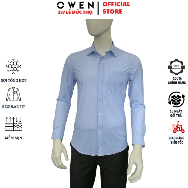 Áo sơ mi nam tay dài Owen AR260048DT màu xanh nhạt kẻ caro nhỏ dáng suông regular fit tà lượn có túi chất liệu nylon spandex