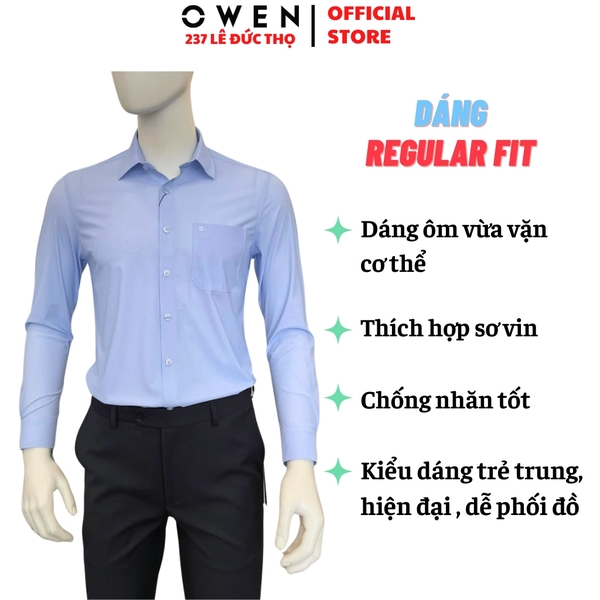 Áo sơ mi nam tay dài Owen AR260048DT màu xanh nhạt kẻ caro nhỏ dáng suông regular fit tà lượn có túi chất liệu nylon spandex