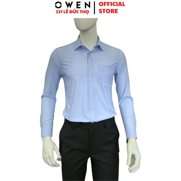 Áo sơ mi nam tay dài Owen AR260048DT màu xanh nhạt kẻ caro nhỏ dáng suông regular fit tà lượn có túi chất liệu nylon spandex