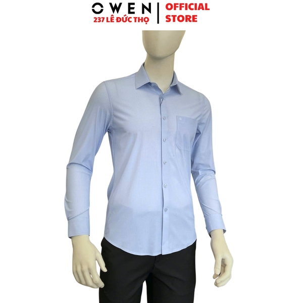 Áo sơ mi nam tay dài Owen AR260048DT màu xanh nhạt kẻ caro nhỏ dáng suông regular fit tà lượn có túi chất liệu nylon spandex