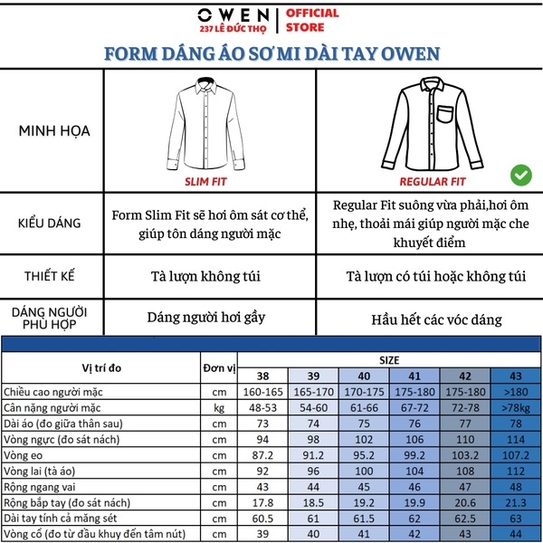 Áo sơ mi nam tay dài Owen AR260048DT màu xanh nhạt kẻ caro nhỏ dáng suông regular fit tà lượn có túi chất liệu nylon spandex