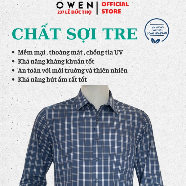 Áo sơ mi nam tay dài Owen AR260070DT màu xanh tím than kẻ caro dáng suông regular fit tà lượn có túi chất liệu Bamboo polyester
