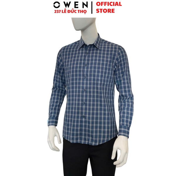 Áo sơ mi nam tay dài Owen AR260070DT màu xanh tím than kẻ caro dáng suông regular fit tà lượn có túi chất liệu Bamboo polyester