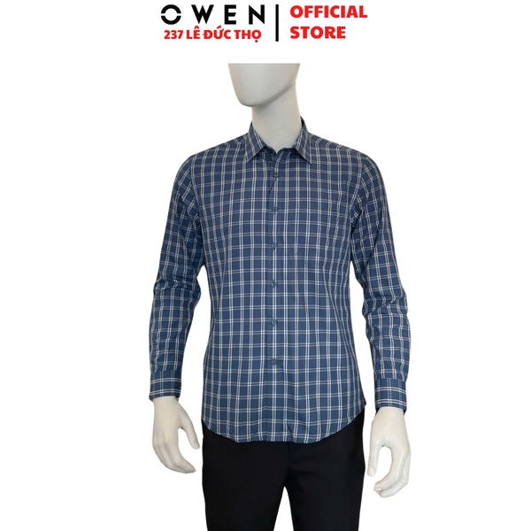 Áo sơ mi nam tay dài Owen AR260070DT màu xanh tím than kẻ caro dáng suông regular fit tà lượn có túi chất liệu Bamboo polyester