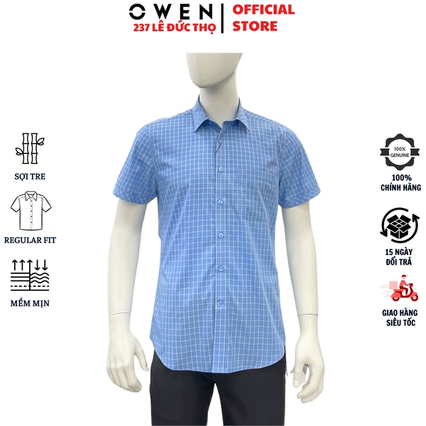 Áo sơ mi nam tay ngắn Owen AR260099NT màu xanh kẻ caro dáng suông tà lượn có túi chất liệu Bamboo polyester