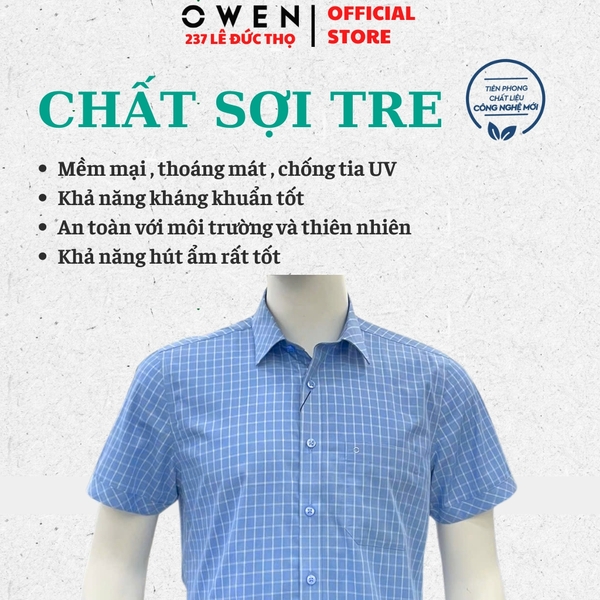 Áo sơ mi nam tay ngắn Owen AR260099NT màu xanh kẻ caro dáng suông tà lượn có túi chất liệu Bamboo polyester