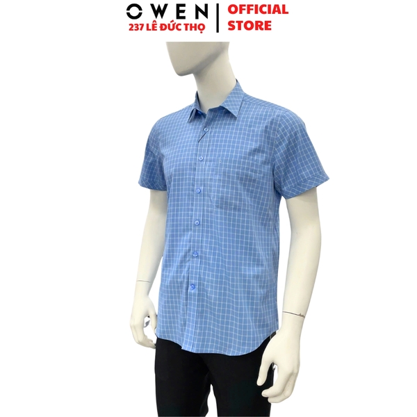 Áo sơ mi nam tay ngắn Owen AR260099NT màu xanh kẻ caro dáng suông tà lượn có túi chất liệu Bamboo polyester