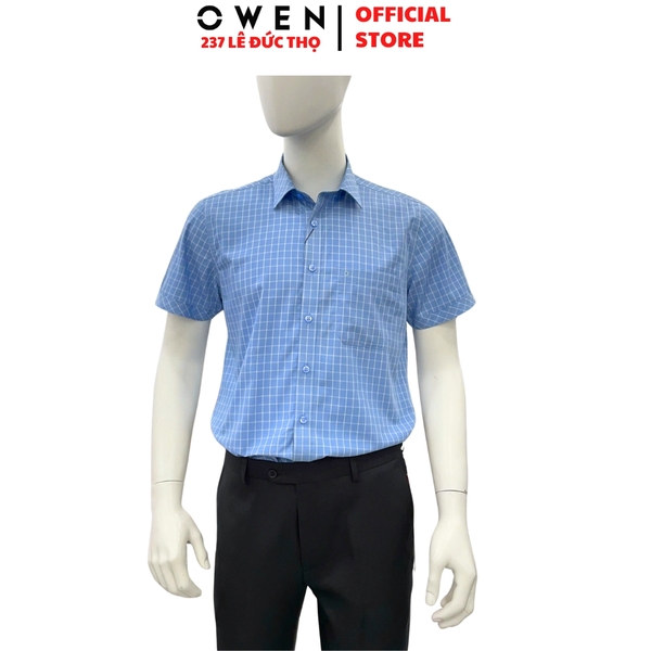 Áo sơ mi nam tay ngắn Owen AR260099NT màu xanh kẻ caro dáng suông tà lượn có túi chất liệu Bamboo polyester