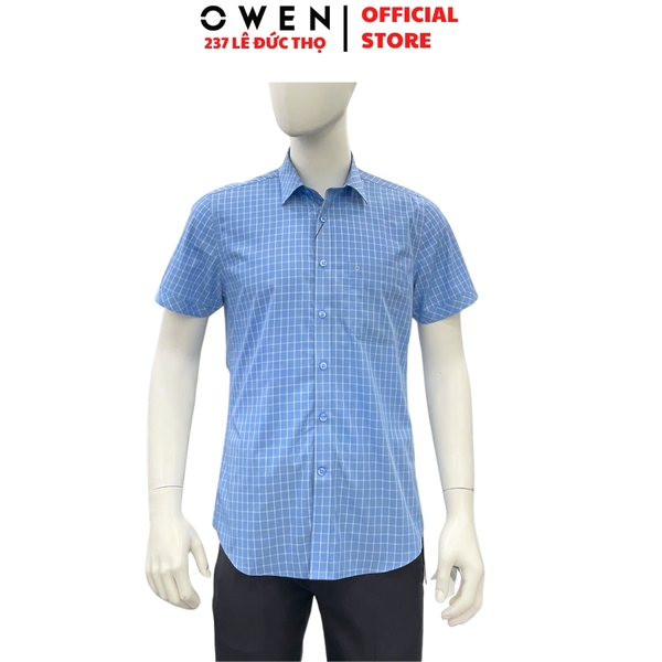 Áo sơ mi nam tay ngắn Owen AR260099NT màu xanh kẻ caro dáng suông tà lượn có túi chất liệu Bamboo polyester