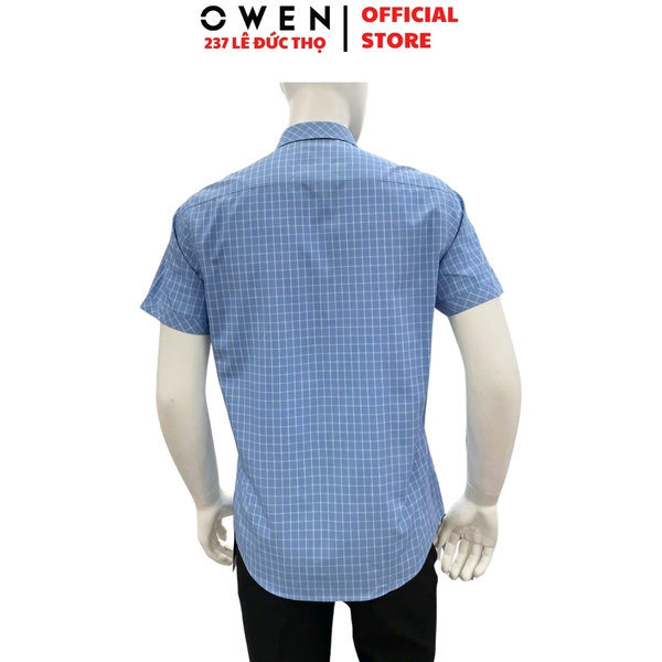 Áo sơ mi nam tay ngắn Owen AR260099NT màu xanh kẻ caro dáng suông tà lượn có túi chất liệu Bamboo polyester