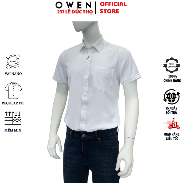 Áo sơ mi trắng nam tay ngắn Owen AR260512NTB màu trắng dáng suông regular fit tà lượn có túi chất liệu nano
