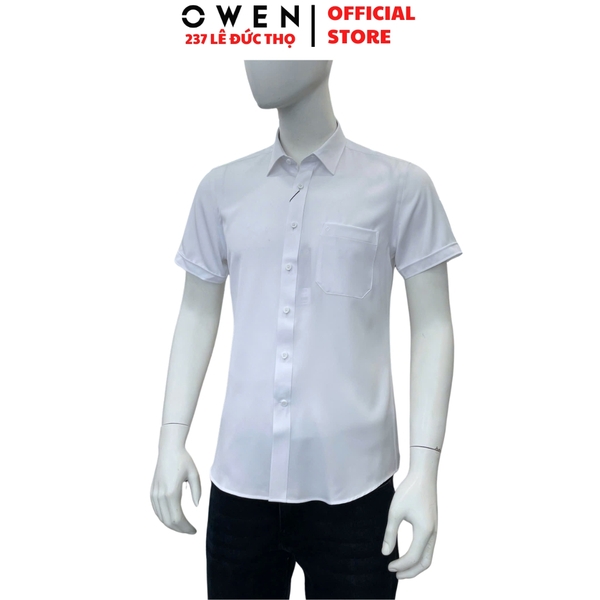 Áo sơ mi trắng nam tay ngắn Owen AR260512NTB màu trắng dáng suông regular fit tà lượn có túi chất liệu nano