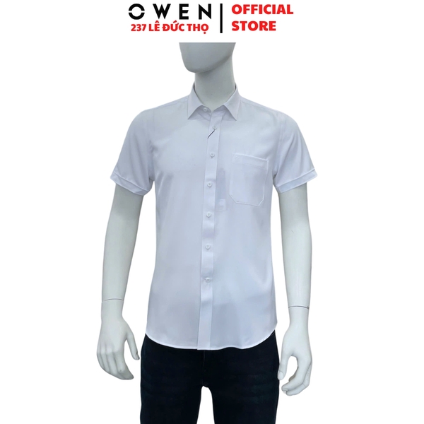 Áo sơ mi trắng nam tay ngắn Owen AR260512NTB màu trắng dáng suông regular fit tà lượn có túi chất liệu nano