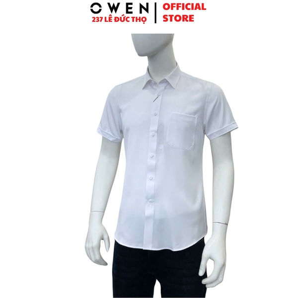 Áo sơ mi trắng nam tay ngắn Owen AR260512NTB màu trắng dáng suông regular fit tà lượn có túi chất liệu nano